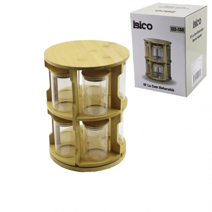 10 PCS YUVARLAK - DÖNER STANDLI CAM - BAMBU KAPAK TUZLUK - BAHARATLIK BAMBU STAND (4887)