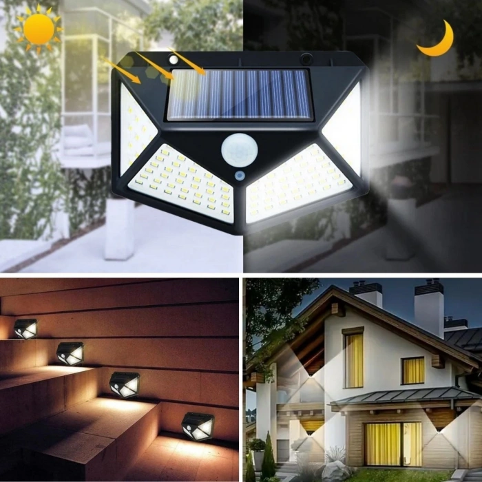100 Ledli 3 Farklı Aydınlatma Ayarlı Solar Güneş Enerjili Hareket Sensörlü Bahçe Duvar Lambası (4887)