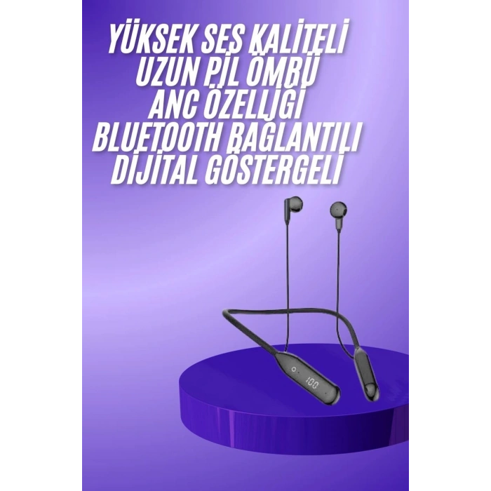 100 Saat Kablolu Boyun Askılı Dijital Göstergeli Bluetooth Kulaklığı