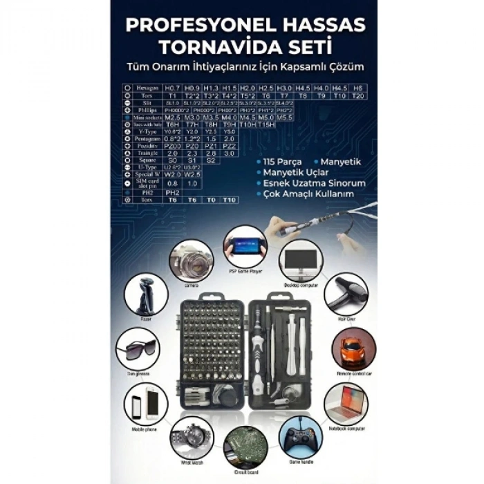 115 Parça Manyetik Uçlu Hassas Tornavida Seti