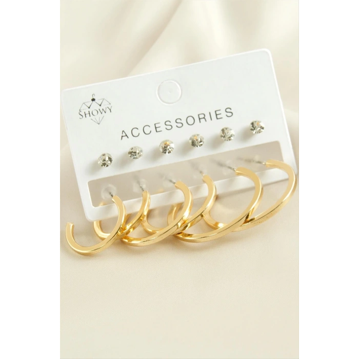 12 Adet Ezme Taşlı Halka Küpe