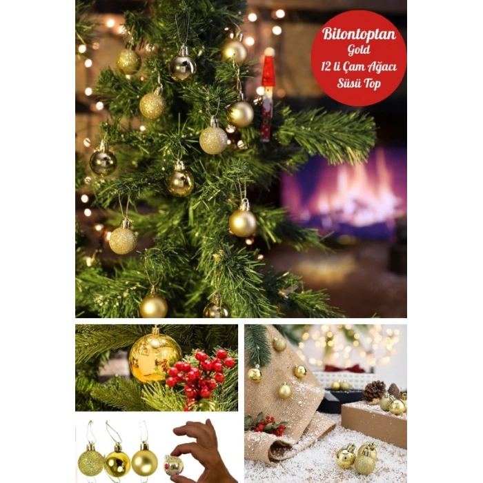 12 Adet Gold 2,5 Cm Mini Yılbaşı Topu, Noel Çam Ağacı Topu, Süs Topu