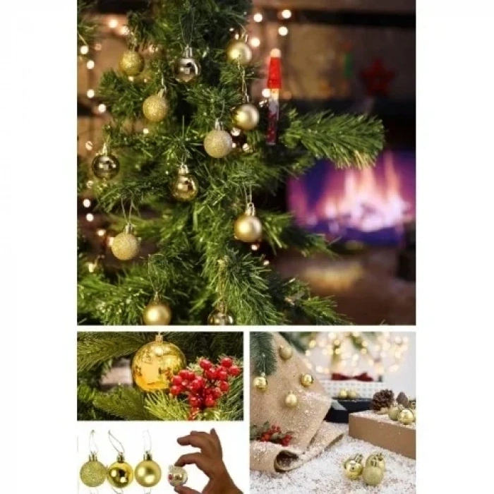 12 Adet Gold 2,5 Cm Mini Yılbaşı Topu, Noel Çam Ağacı Topu, Süs Topu