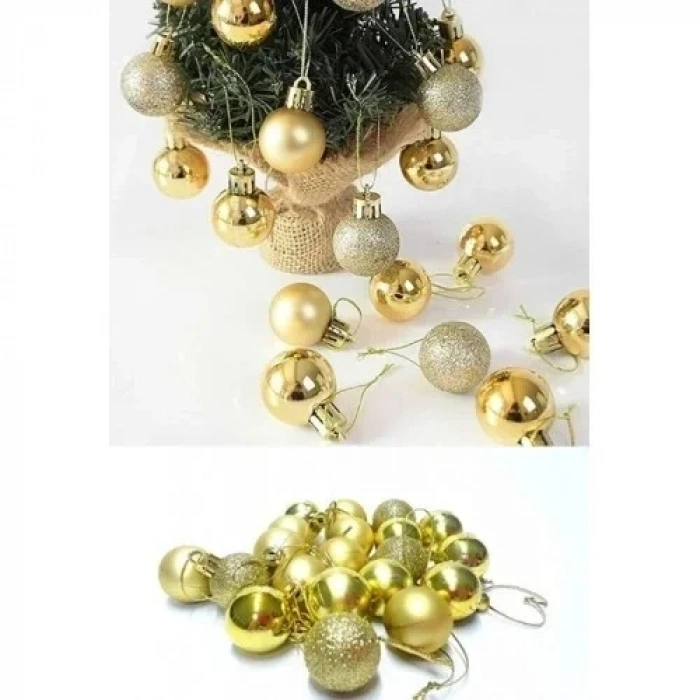 12 Adet Gold 2,5 Cm Mini Yılbaşı Topu, Noel Çam Ağacı Topu, Süs Topu