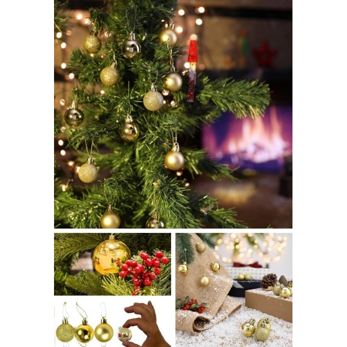 12 Adet Gold 2,5 Cm Mini Yılbaşı Topu, Noel Çam Ağacı Topu, Süs Topu