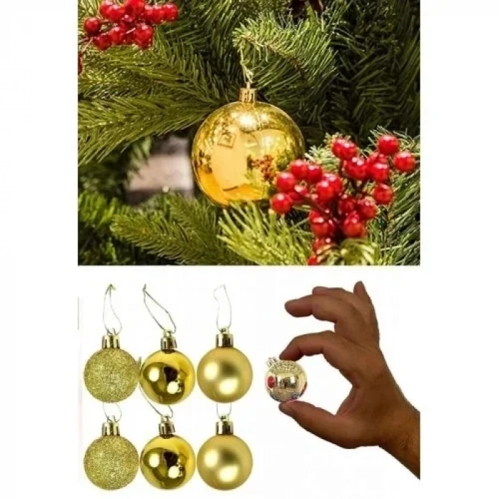 12 Adet Gold 2,5 Cm Mini Yılbaşı Topu, Noel Çam Ağacı Topu, Süs Topu