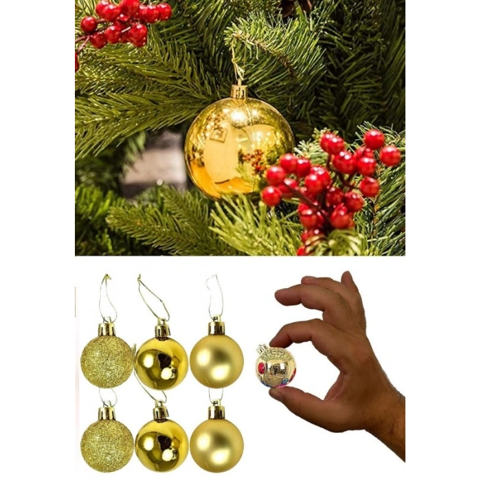 12 Adet Gold 2,5 Cm Mini Yılbaşı Topu, Noel Çam Ağacı Topu, Süs Topu