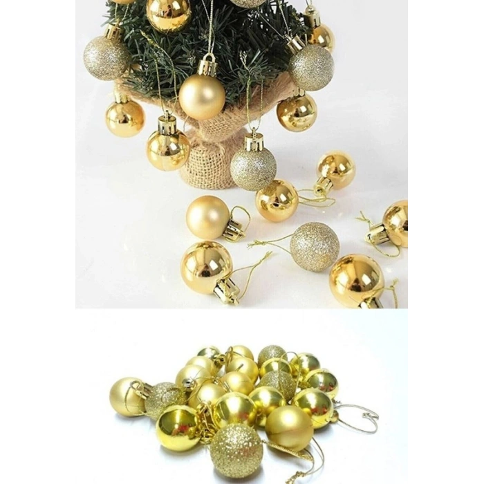 12 Adet Gold 2,5 Cm Mini Yılbaşı Topu, Noel Çam Ağacı Topu, Süs Topu