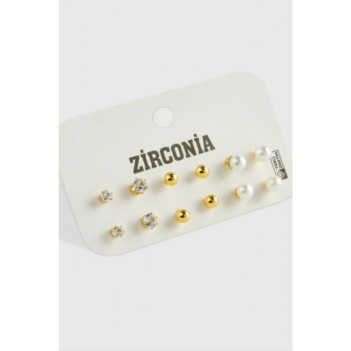 12 Adet İnci Zirkon Tek Taşlı Küpe