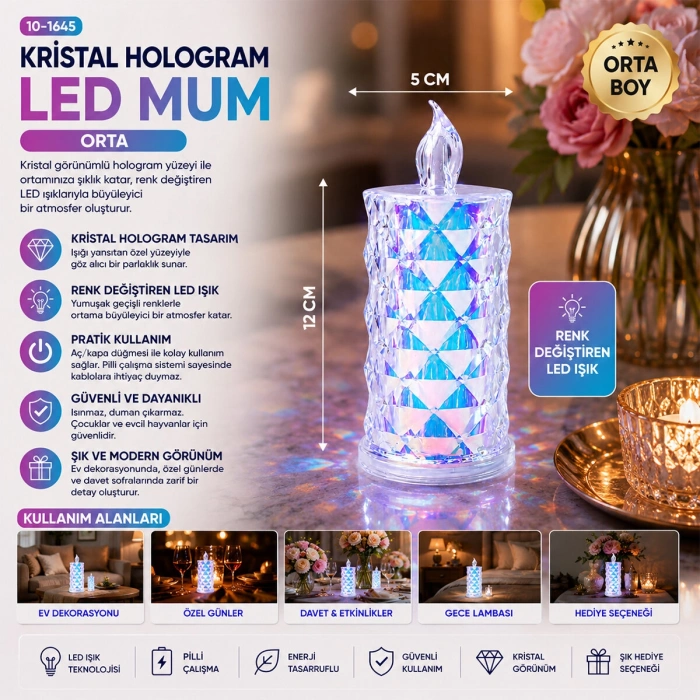 12 ADET LED CANDLE LAMP ORTA BOY= ÇAP:5CM - Y: 12CM PİLLİ LED MUM MİKA KRİSTAL PLASTİK YAKUT-13636 (4887)
