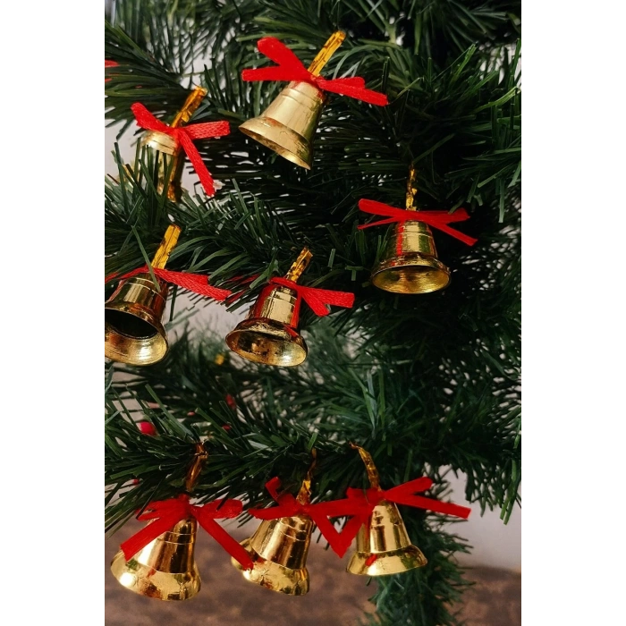 12 Adet Mini Çan Yılbaşı Çam Ağacı Süsü  3 cm Kırmızı Kurdeleli Gold Yılbaşı Çam Ağacı Süsü