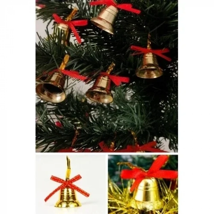 12 Adet Mini Çan Yılbaşı Çam Ağacı Süsü 3 cm Kırmızı Kurdeleli Gold Yılbaşı Çam Ağacı Süsü