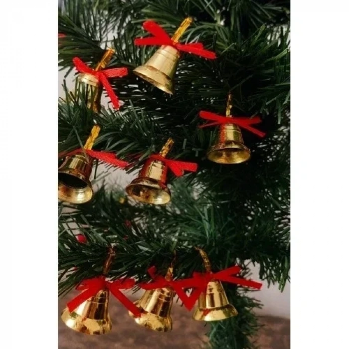 12 Adet Mini Çan Yılbaşı Çam Ağacı Süsü 3 cm Kırmızı Kurdeleli Gold Yılbaşı Çam Ağacı Süsü