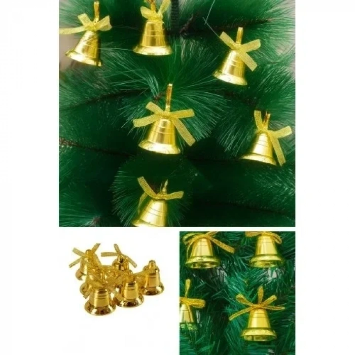 12 Adet Mini Çan Yılbaşı Çam Ağacı Süsü 3 cm Sarı Kurdeleli Gold Yılbaşı Çam Ağacı Süsü