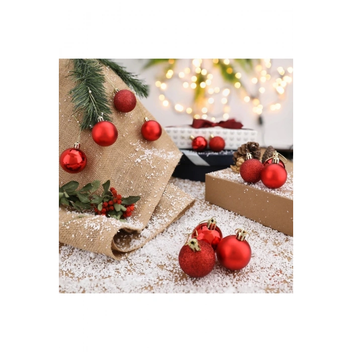 12 Adet Parlak Kırmızı 3 Cm Mini Yılbaşı Topu, Noel Çam Ağacı Topu, Süs Topu