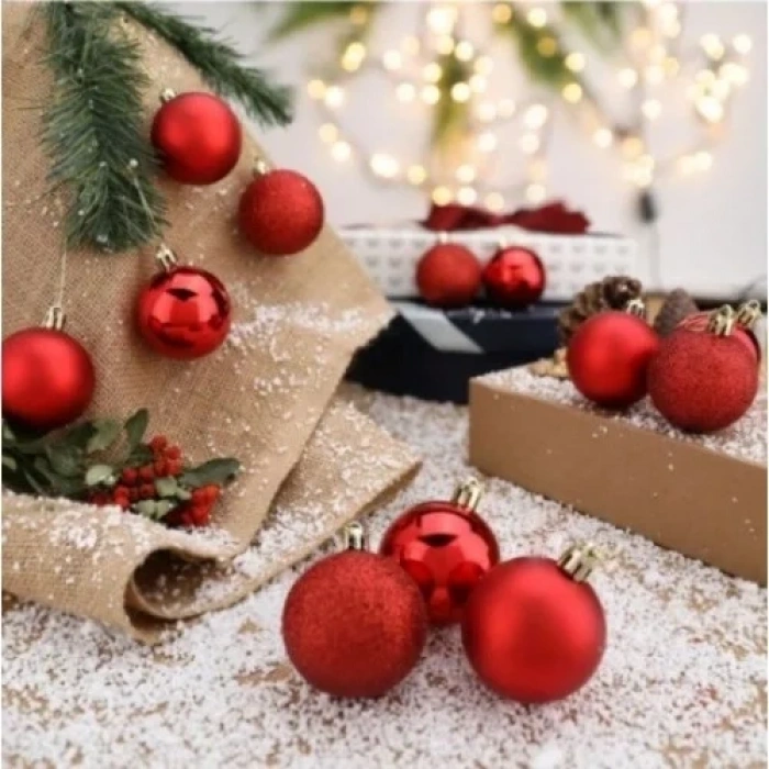 12 Adet Parlak Kırmızı 3 Cm Mini Yılbaşı Topu, Noel Çam Ağacı Topu, Süs Topu