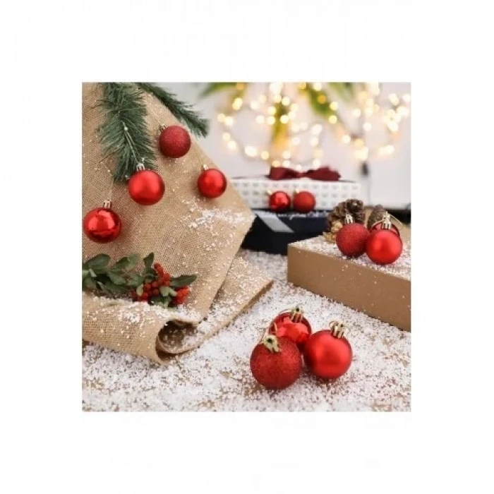 12 Adet Parlak Kırmızı 3 Cm Mini Yılbaşı Topu, Noel Çam Ağacı Topu, Süs Topu
