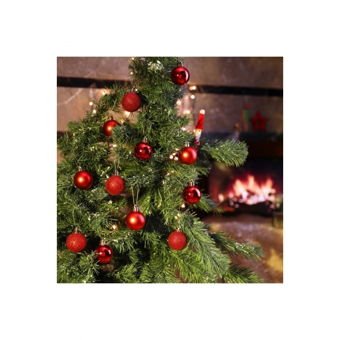 12 Adet Parlak Kırmızı 3 Cm Mini Yılbaşı Topu, Noel Çam Ağacı Topu, Süs Topu