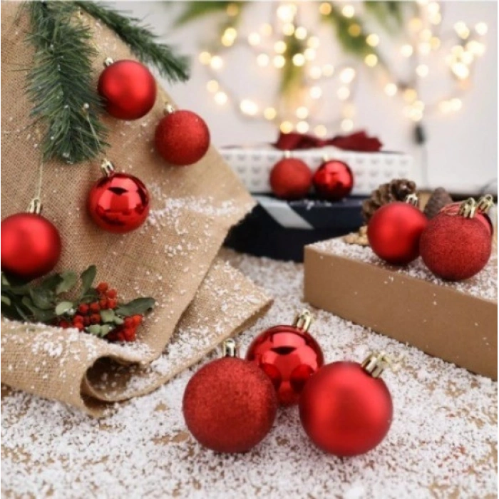 12 Adet Parlak Kırmızı 3 Cm Mini Yılbaşı Topu, Noel Çam Ağacı Topu, Süs Topu