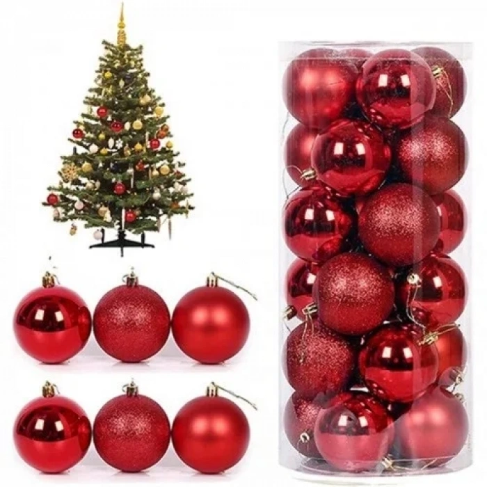 12 Adet Parlak Kırmızı 3 Cm Mini Yılbaşı Topu, Noel Çam Ağacı Topu, Süs Topu