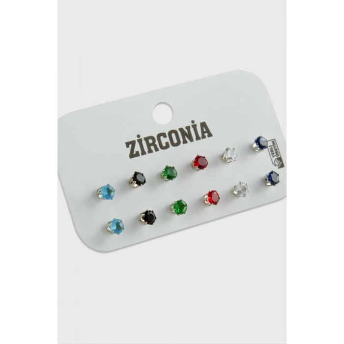 12 Adet Renkli Zirkon Tek Taşlı Küpe