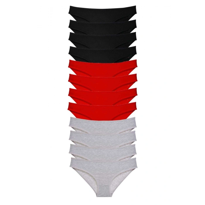 12 adet Süper Eko Set Likralı Kadın Slip Külot Siyah Kırmızı Gri