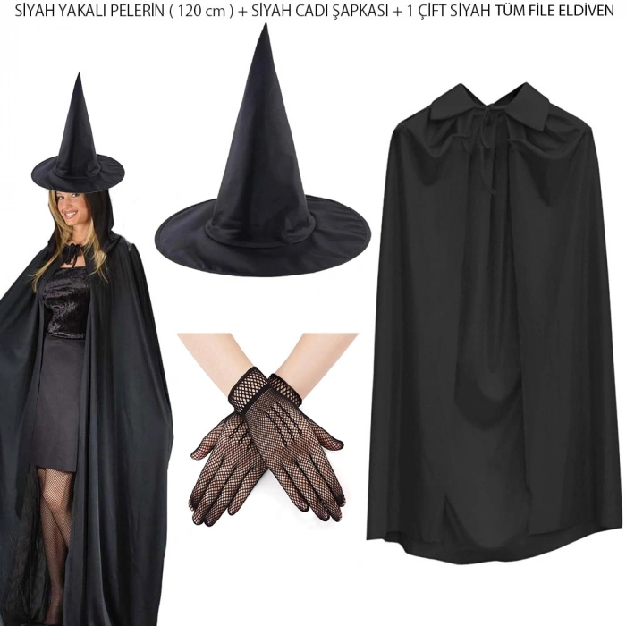 120 cm Siyah Yakalı Cadı Pelerini Cadı Şapkası ve 1 Çift Siyah Kısa File Tüm Eldiven Seti 3 Parça (4887)