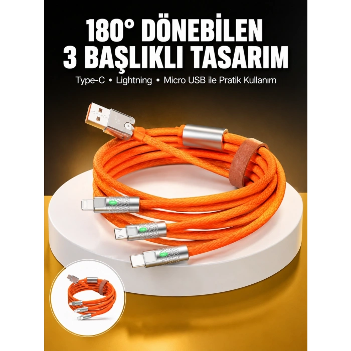 120w 3 İn 1 Uyumlu Silikon Şarj Kablosu Hızlı Şarj Kablosu