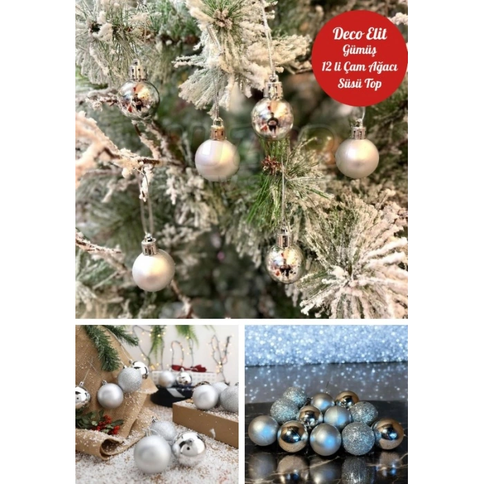 12’li Yılbaşı Çam Ağacı Süsü Gümüş – 4 cm Parlak & Simli Karışık Top Süsler Noel Çam Ağacı Süsü