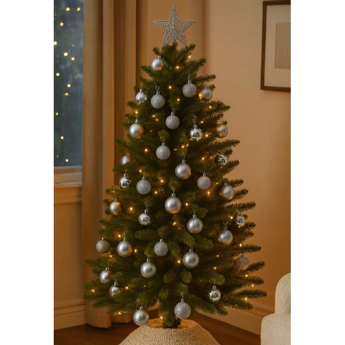 12’li Yılbaşı Çam Ağacı Süsü Gümüş – 4 cm Parlak & Simli Karışık Top Süsler Noel Çam Ağacı Süsü