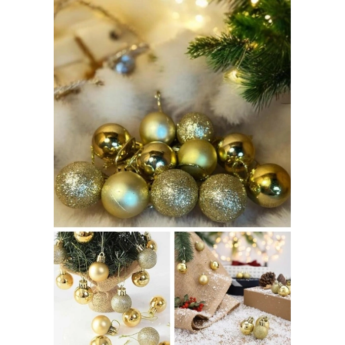 12’li Yılbaşı Çam Ağacı Süsü Seti – 4 cm Parlak & Simli Karışık Top Süsler Noel Çam Ağacı Süsü