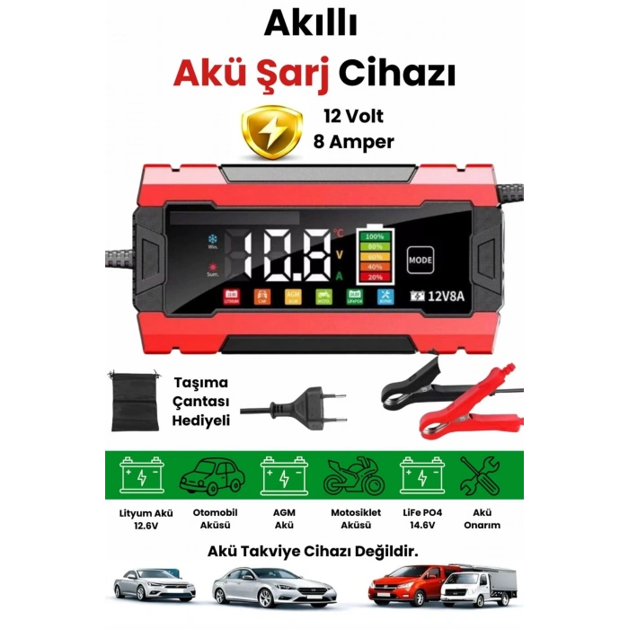 12v 8a Akıllı Akü Şarj Cihazı 12v 8a Lcd Ekranlı Pulse Repair Otomatik Akü Şarj & Desülfatör