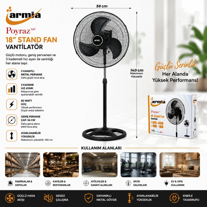 18 İNÇ SANAYİ VANTİLATÖR  3 METAL KANAT: ÇAP:56CM - Y: 140CM - 3 KADEME HIZ   80W (4887)