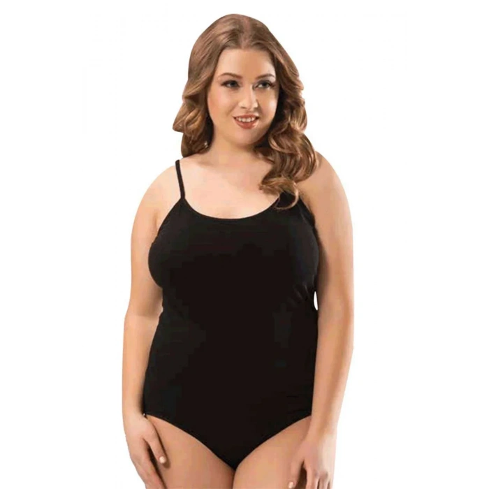 2 Adet Battal Beden İp Askılı Kadın Çıtçıtlı Body Siyah