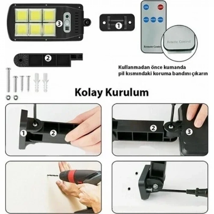 2 Adet Büyük Boy 128 Led Solar Bahçe Sokak Lambası Hareket Sensörlü Kumandalı 3 Modlu Güneş