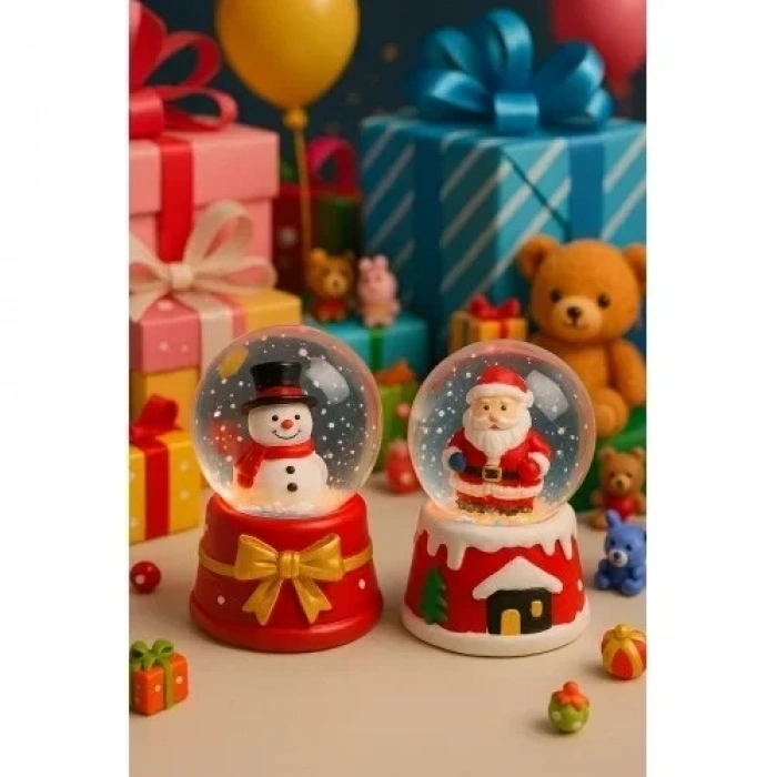 2 Adet Led Işıklı Mini Kar Küresi 6,5 cm – Noel Baba & Kardan Adam Dekoratif Işıklı Biblo