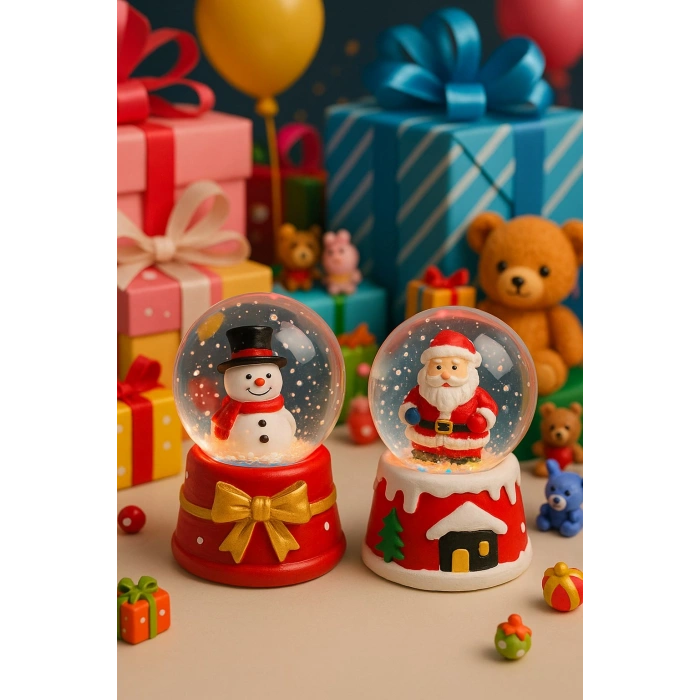 2 Adet Led Işıklı Mini Kar Küresi 6,5 cm – Noel Baba & Kardan Adam Dekoratif Işıklı Biblo