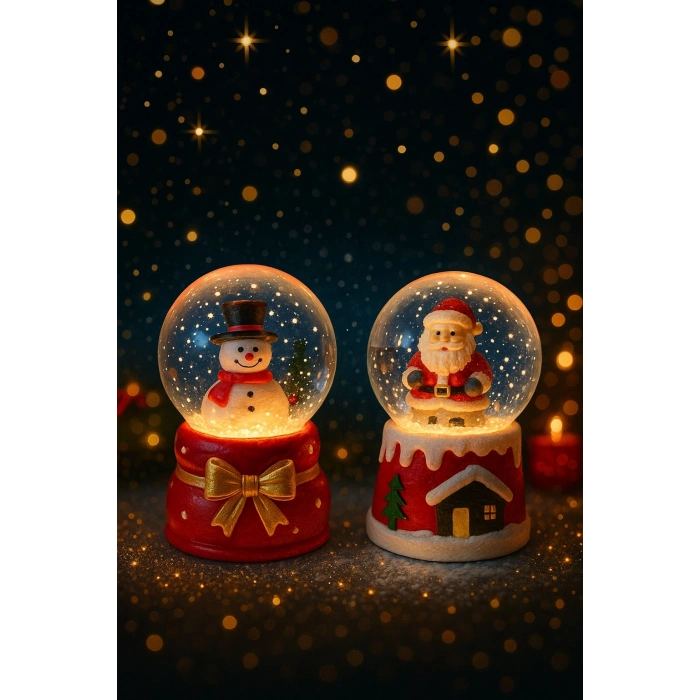 2 Adet Led Işıklı Mini Kar Küresi 6,5 cm – Noel Baba & Kardan Adam Dekoratif Işıklı Biblo