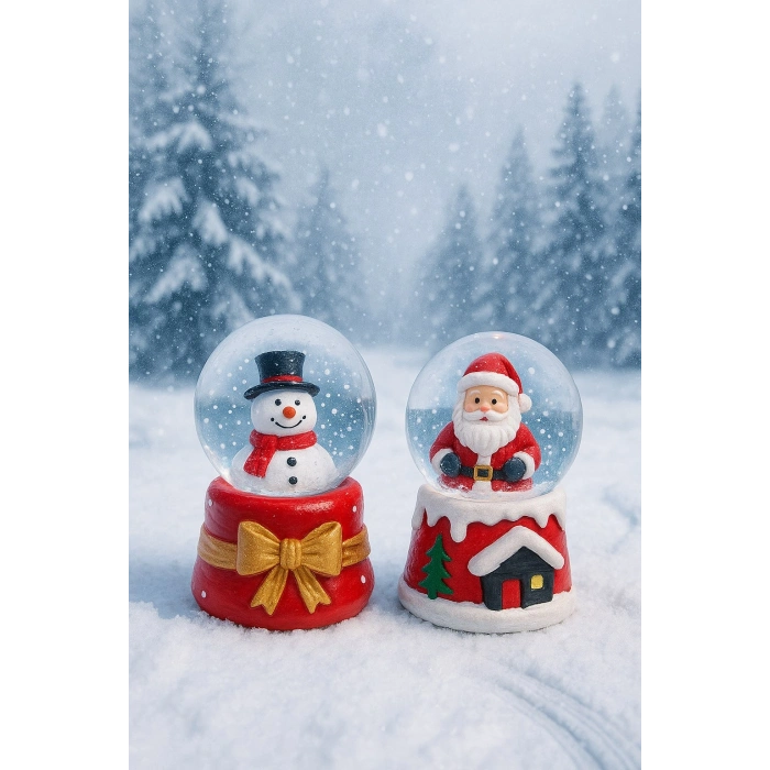 2 Adet Led Işıklı Mini Kar Küresi 6,5 cm – Noel Baba & Kardan Adam Dekoratif Işıklı Biblo