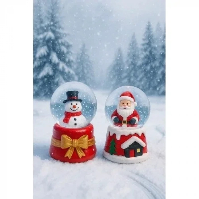 2 Adet Led Işıklı Mini Kar Küresi 6,5 cm – Noel Baba & Kardan Adam Dekoratif Işıklı Biblo