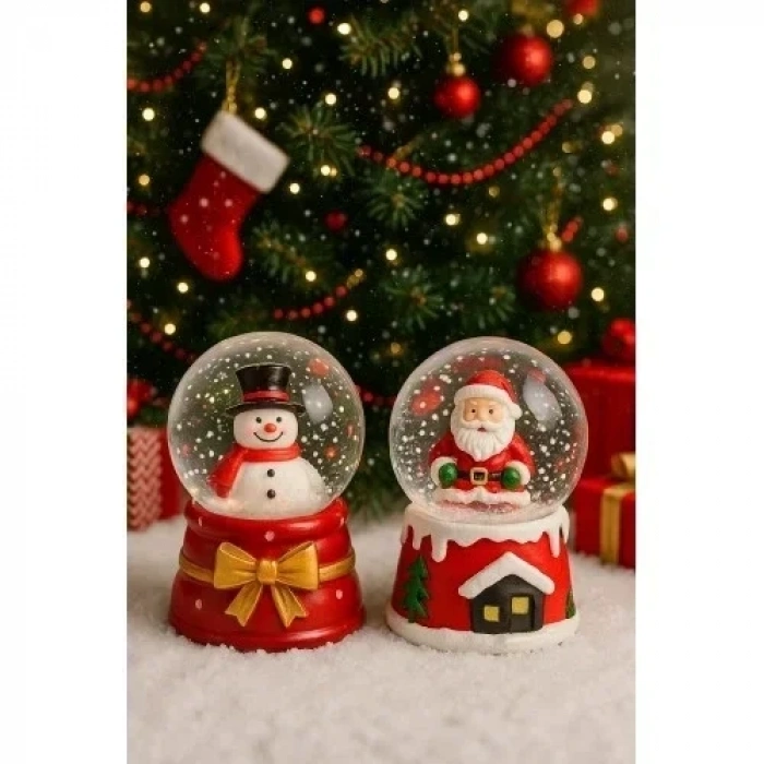 2 Adet Led Işıklı Mini Kar Küresi 6,5 cm – Noel Baba & Kardan Adam Dekoratif Işıklı Biblo
