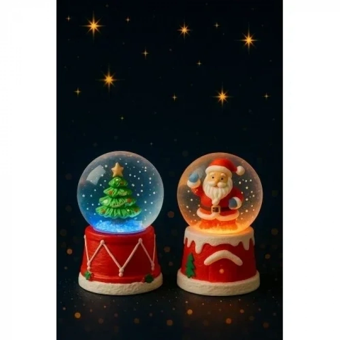 2 Adet Led Işıklı Mini Kar Küresi 6,5 cm – Noel Baba & Yılbaşı Çam Ağacı Dekoratif Işıklı Biblo