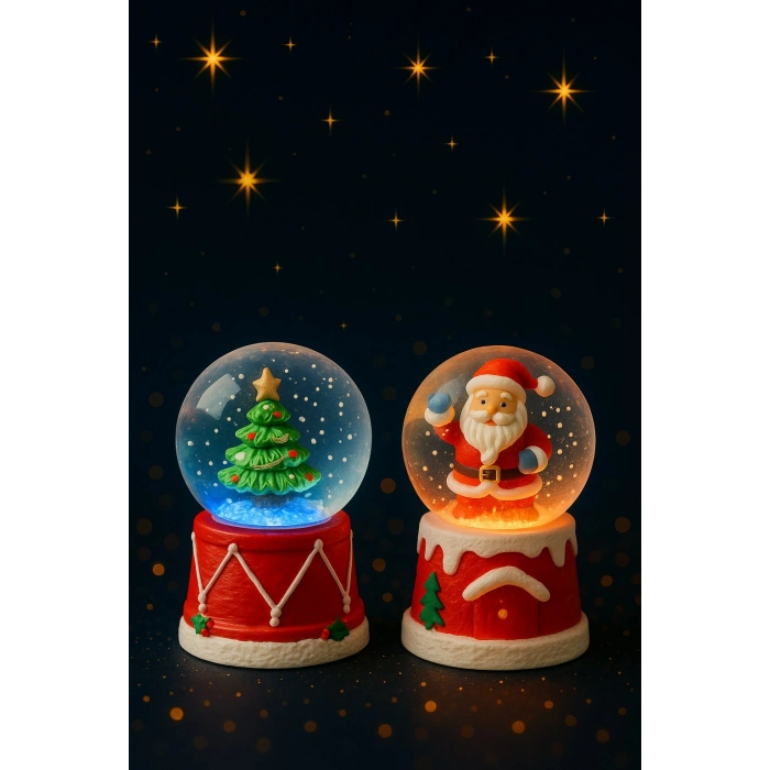 2 Adet Led Işıklı Mini Kar Küresi 6,5 cm – Noel Baba & Yılbaşı Çam Ağacı Dekoratif Işıklı Biblo