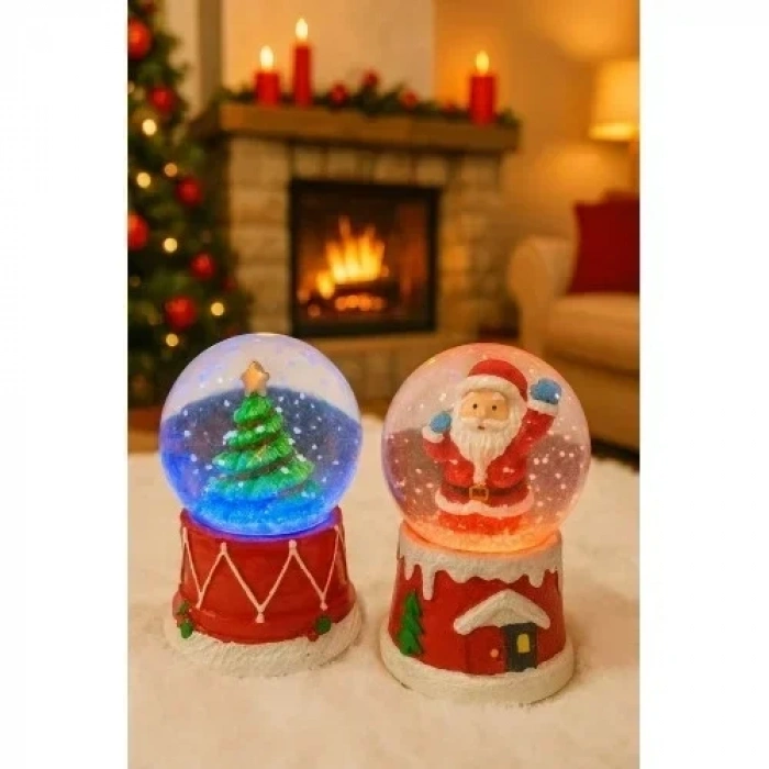 2 Adet Led Işıklı Mini Kar Küresi 6,5 cm – Noel Baba & Yılbaşı Çam Ağacı Dekoratif Işıklı Biblo