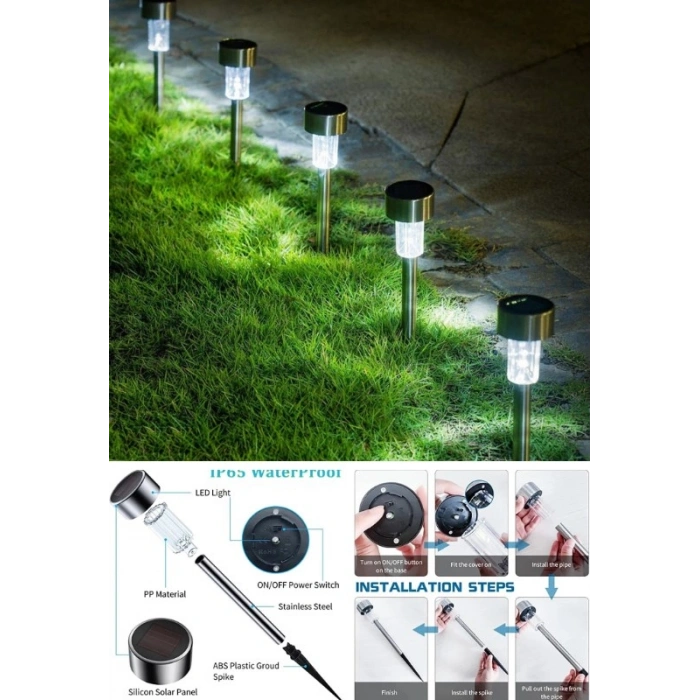 2 Adet Metal Gövdeli Beyaz Ledli Solar Güneş Enerjili Bahçe Lambası 30 cm Saplama
