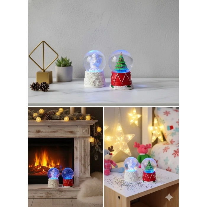2 Adet Mini Kar Küresi 6,5 cm – Melek  & Çam Ağacı Temalı Dekoratif  Yılbaşı Noel Hediyesi