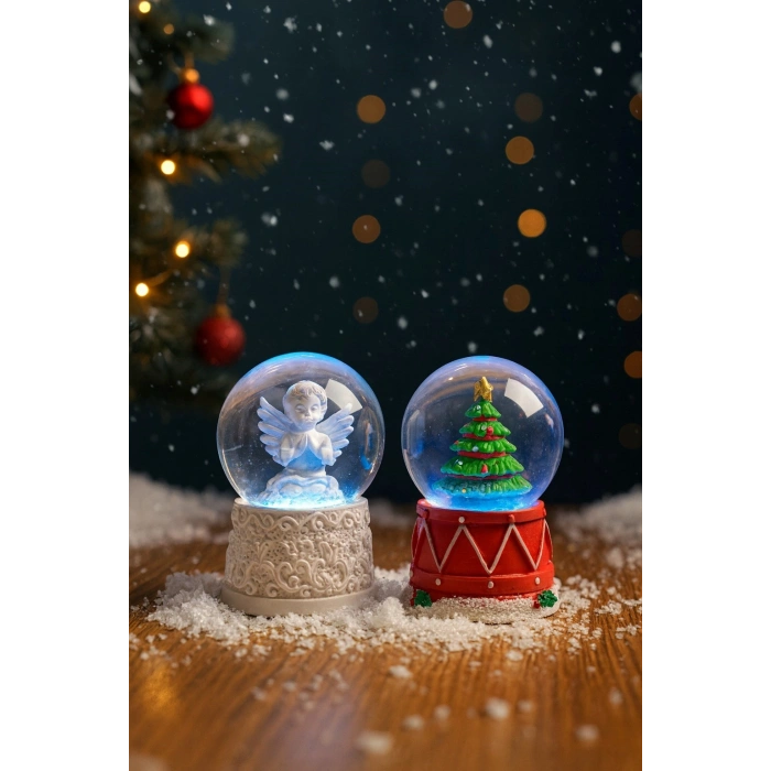 2 Adet Mini Kar Küresi 6,5 cm – Melek  & Çam Ağacı Temalı Dekoratif  Yılbaşı Noel Hediyesi