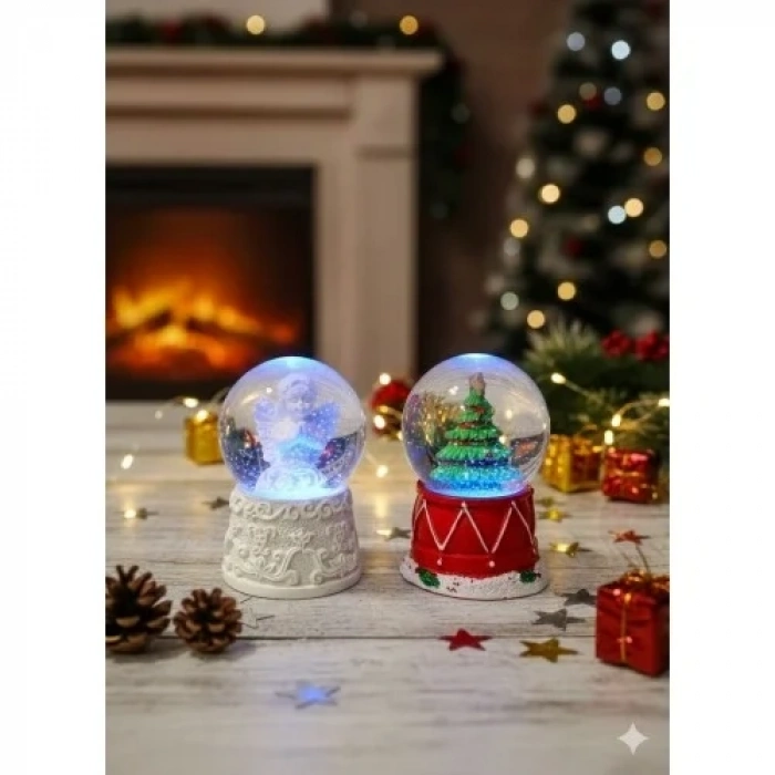 2 Adet Mini Kar Küresi 6,5 cm – Melek  & Çam Ağacı Temalı Dekoratif  Yılbaşı Noel Hediyesi