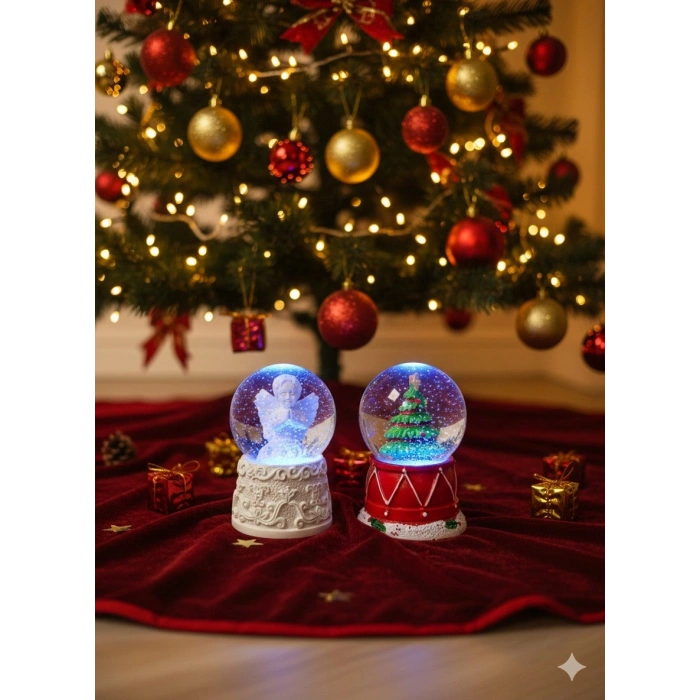 2 Adet Mini Kar Küresi 6,5 cm – Melek  & Çam Ağacı Temalı Dekoratif  Yılbaşı Noel Hediyesi