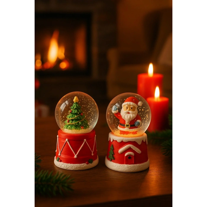 2 Adet Mini Kar Küresi 6,5 cm – Noel Baba & Çam Ağacı Temalı Dekoratif Yılbaşı Biblo